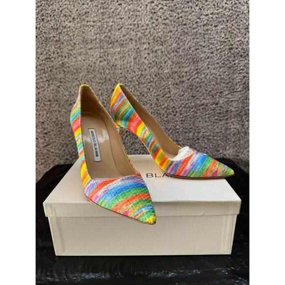 Manolo Blahnik Shoes - Manolo‎ Blahnik Bb Fabric 105mm Slip On Pumps Striped Rainbow Womens Size 38 EU